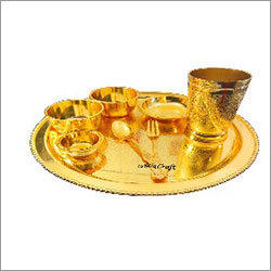 Golden Plated Dinner Set - 8 Piece Thali Set Antique Design with Glossy Finish Brass Material Ideal for Home and Hotel Use