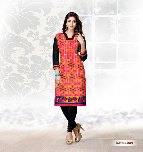 Orange And Black Trendy Cotton Printed Kurti Suppliers