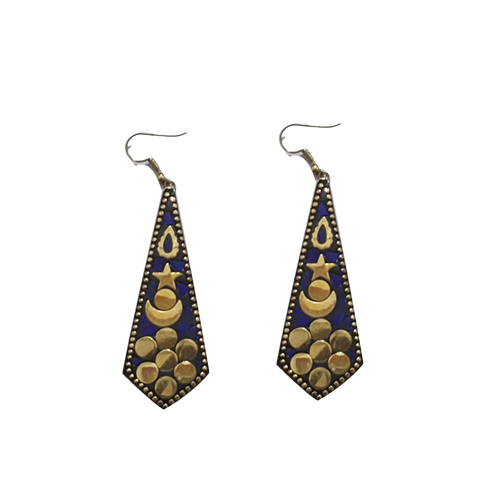 Gold and Blue Stone Beads Earring Set Of 2 Pcs - Metal and Stone 50x15mm Blue | Handmade Hook Fastening Durable Unique Style