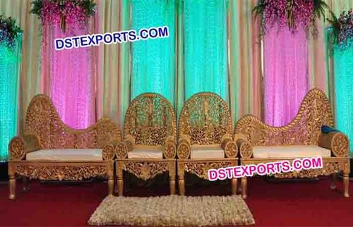 Royal Indian Wedding Carved Sofa Set - Treated Wood, Gold Color, Varied Dimensions, High Density Cushions | Hand Carved, Deco Painted, Royal Look, Perfect Finish