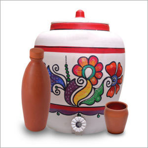 Combo Offer - Glazed Glass Set (200 Ml.6 Pieces) Clay Water Bottle (1 Lit.) Earthen Water Pot