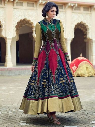 Printed Anarkali Suit - Cotton Silk, Multicolor with Short Sleeves | Elegant Look, Mesmerizing Design, Vibrant Colors