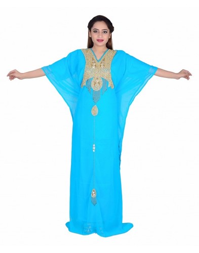 Fancy Stylish Party Wear Kaftan - Georgette Material, 60 Inch Length, Firozy Color | Embroidered Design, Fully Stitched, Beaded Work