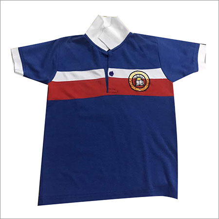 Boys School T-Shirt - Cotton, Short Sleeve, Blue-Red-White | Embroidered Logo, Soft Fabric, Customizable, Durable, Polo Style
