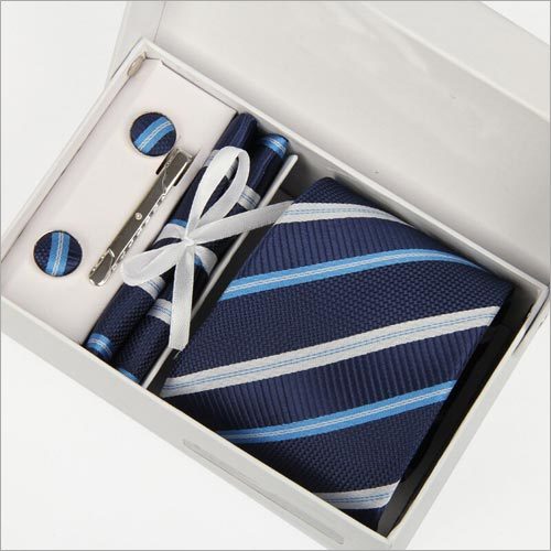 Blue stripes 4pcs gift set including cufflink,tie pin, necktie and pocket square