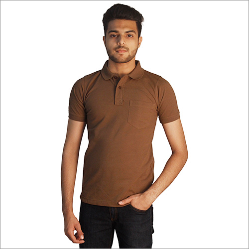 Mens Plain Brown with Pocket Polo Neck T-Shirt