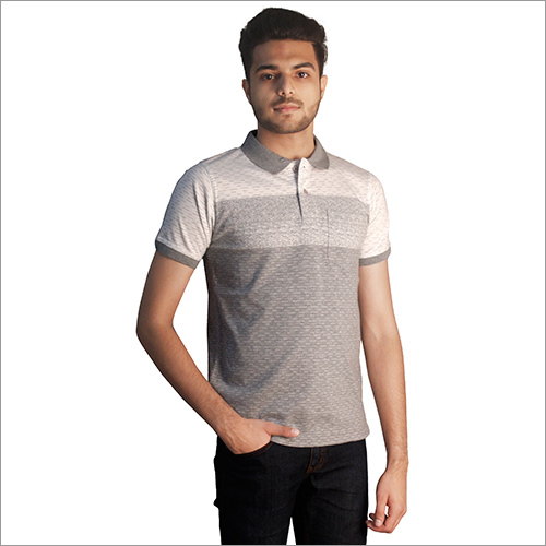 Mens Printed Grey Polo Neck T-Shirt