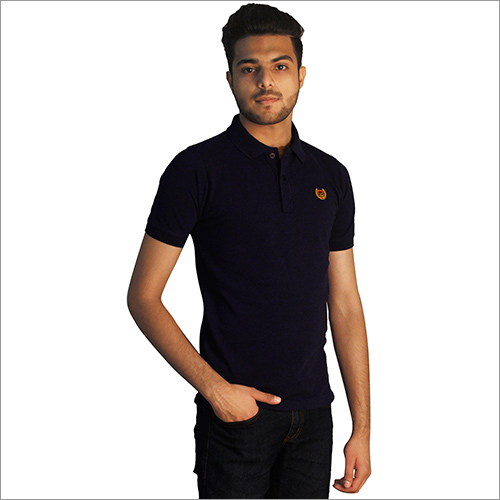 Mens Plain Navy Blue Cotton Polo Neck T-Shirt
