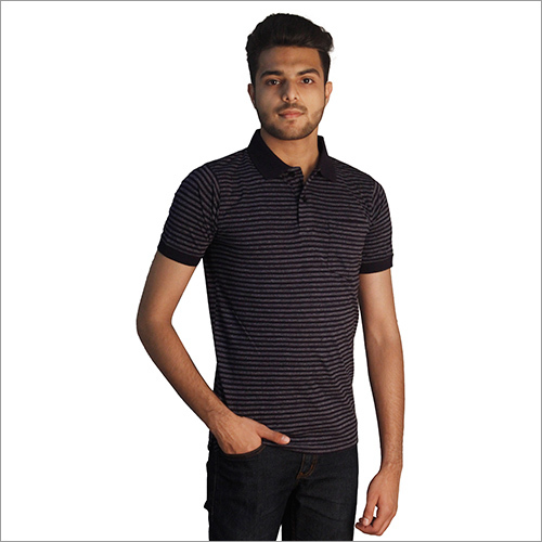 Mens Strips Printed Cotton Polo Neck T-Shirt