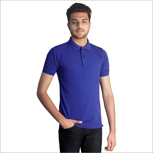 Mens Plain Royal Blue Cotton Polo Neck T-Shirt