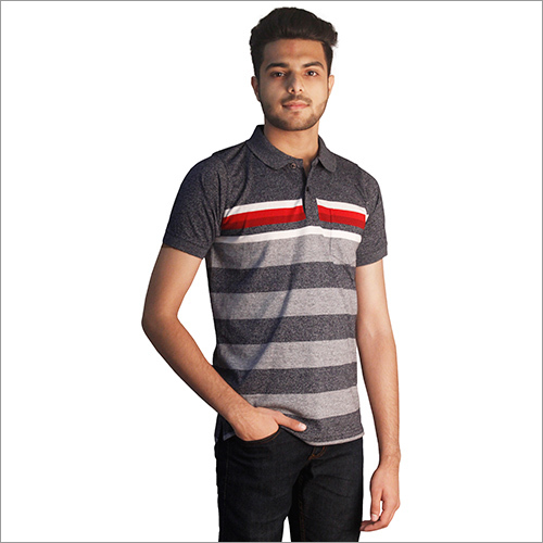 Mens Printed Slub Blue Cotton Polo Neck T-Shirt