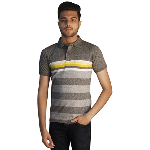 Mens Printed Slub Grey Color Polo Neck T-Shirt