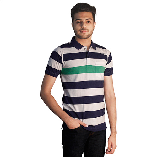 Mens Printed Slub Navy Color Polo Neck T-Shirt