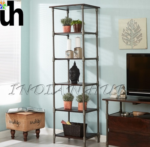 Bookcase - Solid Mango Wood 55x45x185 Cm, Walnut Stain With Grey Metal Legs, Industrial Style