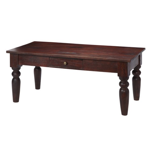 Coffee Table - Solid Mango Wood 110x55x45 Cm, Dark Mahogany Hue, Brass Handles, Drawer, Traditional Style