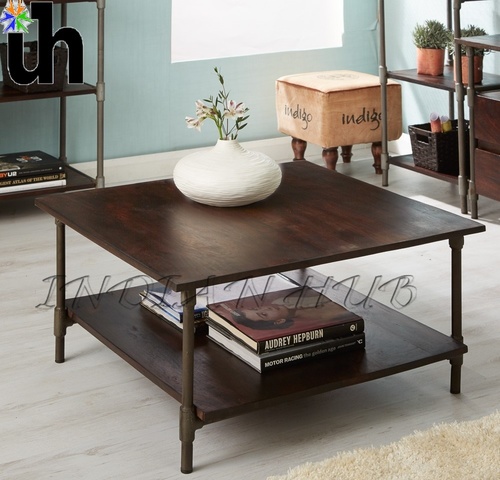 Coffee Table - Solid Mango Wood, 85x85x45 cm, Walnut Stain, Metal Legs, Industrial Design