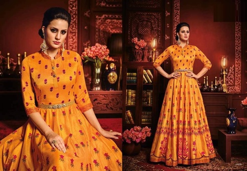 Thapa Silk Anarkali Salwar Kameez - Customizable Size 36 to 42 | Elegant Yellow with Printed and Lace Work, Santoon Inner, Matching Chiffon Dupatta