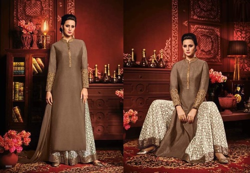 Thapa Silk Plazzo Suit - Brown with Printed Work & Lace Details | Full Sleeves, Santoon Inner & Matching Chiffon Dupatta