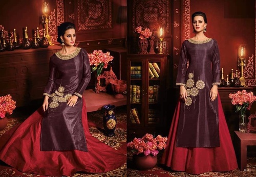 Silk Lehanga Style Suit - Purple & Red Full Sleeves Design with Embroidery and Zari Work Customizable Sizes 36 to 50
