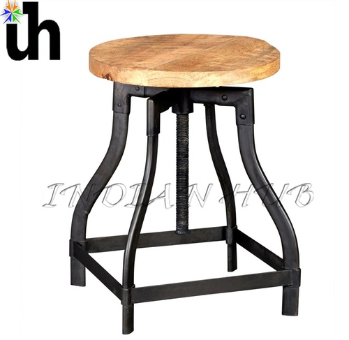 Industrial Stool - Reclaimed Wood and Metal, 36x36x48cm, Brown, Adjustable Height to 70cm