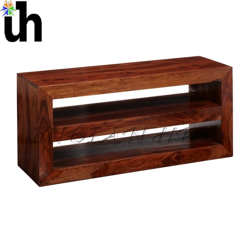 Cube Open Media Unit - Solid Hardwood 107x35x48cm, Honey Stain, Handcrafted, Eco-Friendly, Spacious Shelves