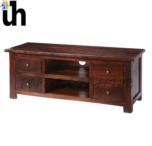 Tv Cabinet - Solid Mango Wood, 130x48x50 cm, Mahogany Finish, Four Drawers, Brass Handles