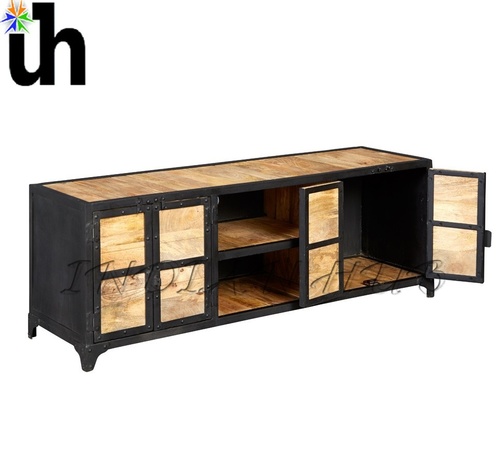 Wooden Media Unit - Metal Frame Solid Wood 140x40x50 cm, Industrial Style Ample Storage