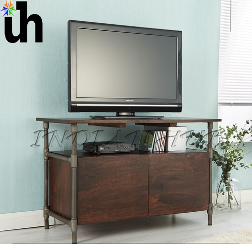 Sideboard TV Cabinet - Solid Mango Wood, 102x46x65 cm, Walnut Stain with Metal Legs, Industrial Style