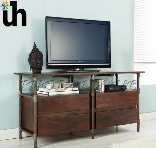 Drawer TV Cabinet - Solid Mango Wood, 130x46x65 cm, Walnut Stain, Metal Legs, Four Drawers, Eco-Friendly Design