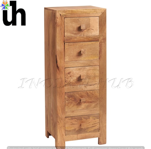 Drawer Tallboy Chest - Solid Mango Wood 45x41x124 cm, Light Brown, Handcrafted, Five Drawers, Matt Finish, Eco-Friendly