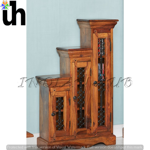 Step Cd Cabinet - Sheesham Wood 55x22x91 Cm, Handcrafted Jali Design With Forged Iron Fittings And Natural Wax Finish