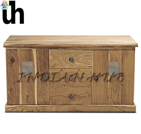 Large Sideboard - Acacia Wood 135x40x75cm, Blond Finish, Slate Insets, Handcrafted Eco-Friendly