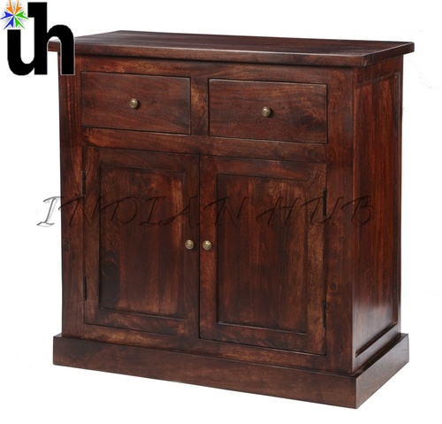 2 Door Sideboard - Solid Mango Wood, Dark Mahogany, Brass Handles, 2 Drawers, 2 Shelves, Handcrafted