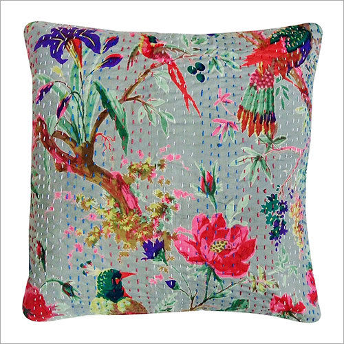 Multicolor Beautiful Rajasthni Bird Print Kantha Work Cushion Cover