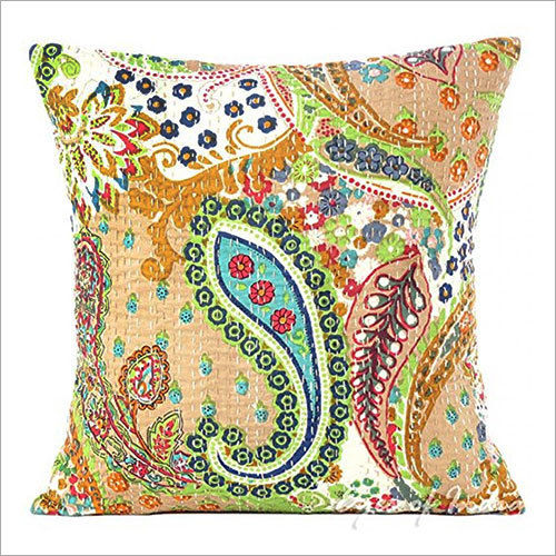 Multicolor Beige Kantha Embroidered Cushion Cover