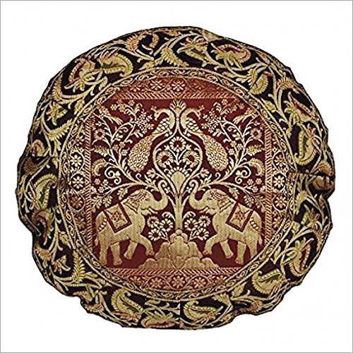 Handcrafted Peacock Work Design Round Elephant Silk Brocade Cushion Cover