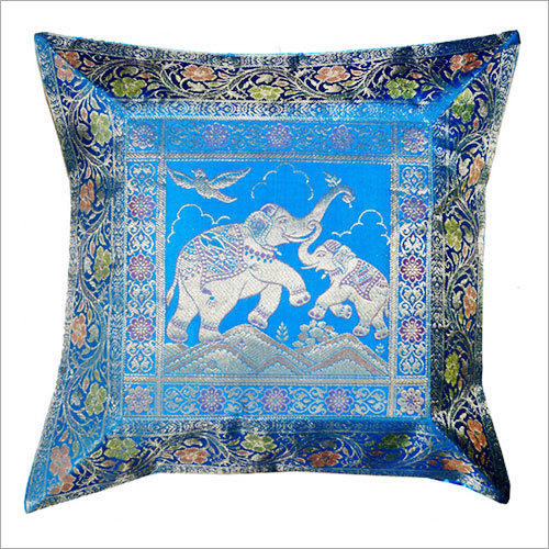 Sky Blue Indian Elephant Decorative Silk Brocade Cushion Cover