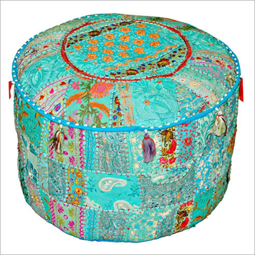 Sky Blue Bohemian Patchwork Pouf Ottoman, Vintage Indian Pouf