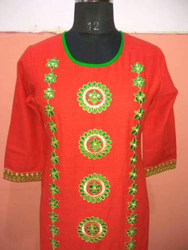Cotton Kurti - Cotton Slub, Multiple Sizes (XS to XXL), Red Color, 3-4th Sleeve Style, Easy to Wash, Smooth Texture, Seamless Stitching