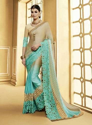 Fancy Designer Saree - Banglori Silk Georgette 5.5 Mtr Beige, Rajnandini Embroidery, Gota Patti Lace Border, Elegant Versatile Design