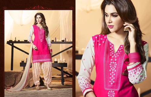 Cotton Patiyala Dress Material - Cotton Top 2.50 Mtr, Rayon Bottom 2.70 Mtr, Pink, Nazneem Dupatta 2.40 Mtr | Stylish Borer Work, Fancy Sleeve