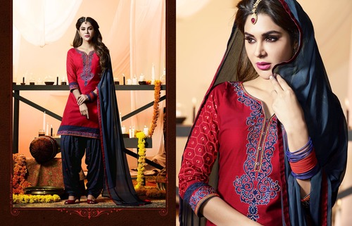 Fancy Patiyala Dress Material - Cotton Top 2.50 Mtr, Rayon Bottom 2.70 Mtr, Red with Nazneem Dupatta 2.40 Mtr | Elegant Design, Intricate Work, Comfortable Fit