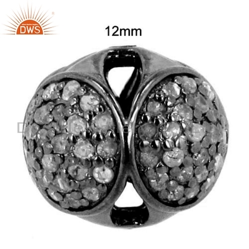 Designer Diamond Beads Finding Jewelry - 925 Sterling Silver 12mm, Rhodium Plated, Pave Diamond Setting, Elegant Durable Luxury