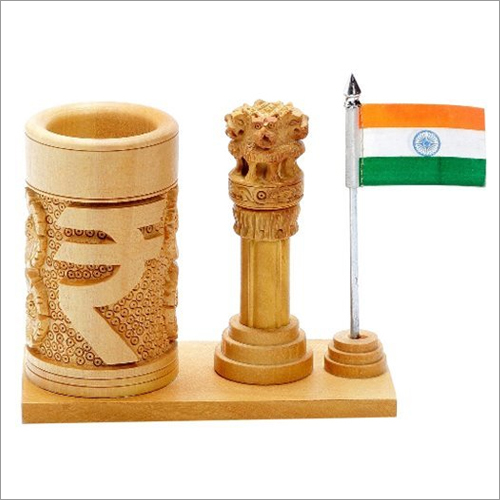 Wooden Ashoka Pillar with Pen Stand & Flag By SHILPACHARYA HANDICRAFTS