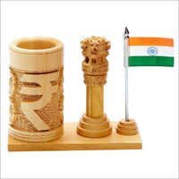 Wooden Ashoka Pillar with Pen Stand & Flag