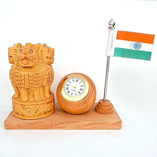 Wooden Pen Stand with Watch and Flag By SHILPACHARYA HANDICRAFTS