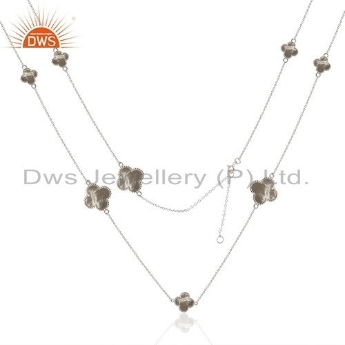 Clover Mother of Pearl Gemstone Necklace - White Rhodium Plated 925 Silver, Womens Jewelry