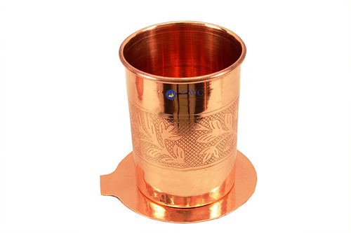 Embossed Design Copper Glass Tumbler With Coaster, 300 Ml