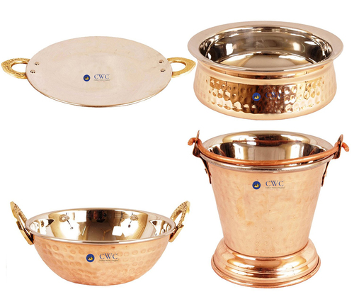 Set Of Steel Copper 1 Bucket, 1 Handi, 1 Kadai, 1 Tava