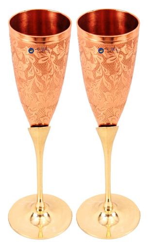 2 Embossed Goblet Copper Brass Flute Champagne Glass